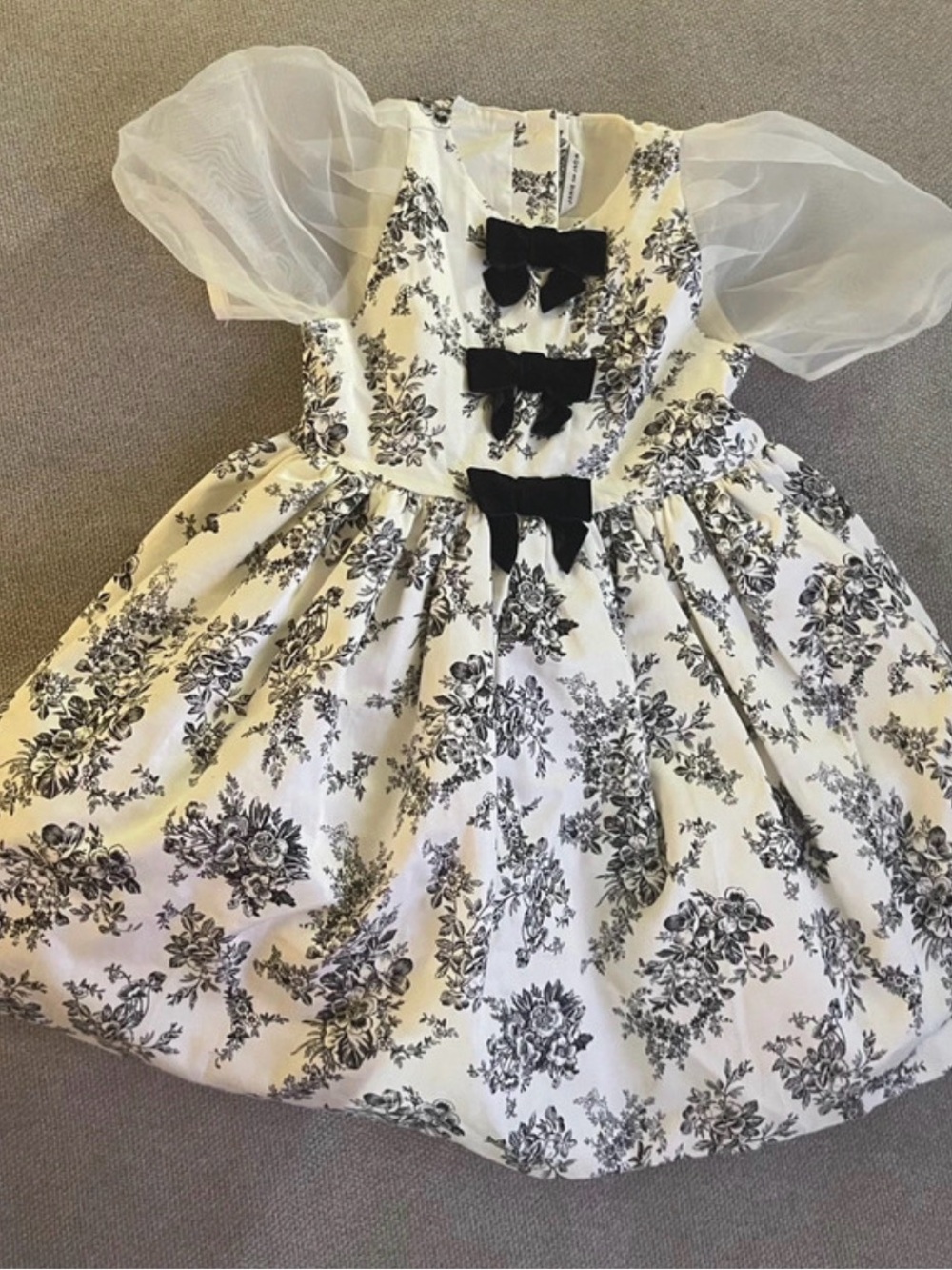 Girls Black & White Floral Party Dress with Organza Sleeves